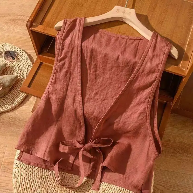 

Vintage Harajuku Cotton Vest Lace-up Women Cropped Tops Sleeveless Cardigan Spring Summer Jackets Thin All-match Waistcoat New