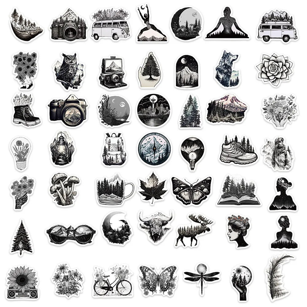 10/30/60pcs Funny Outdoors Landscape Stickers Black White Decals DIY Laptop Skateboard Bike Car PVC Waterproof Graffiti Toy