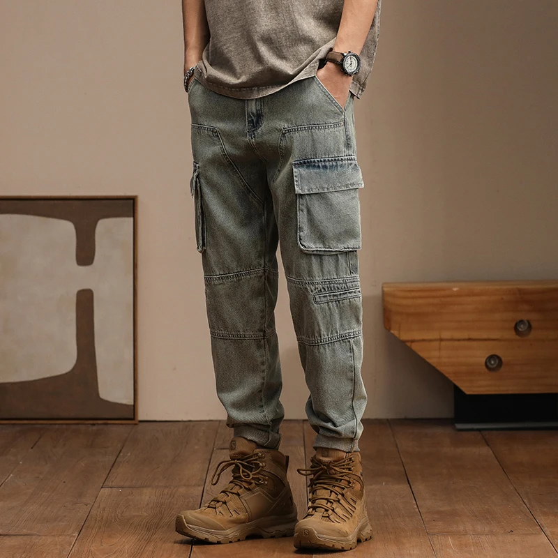 Europe and America splicing  casual retro and nostalgic multi pocket men's Harem jeans men clothing  streetwear cargo men