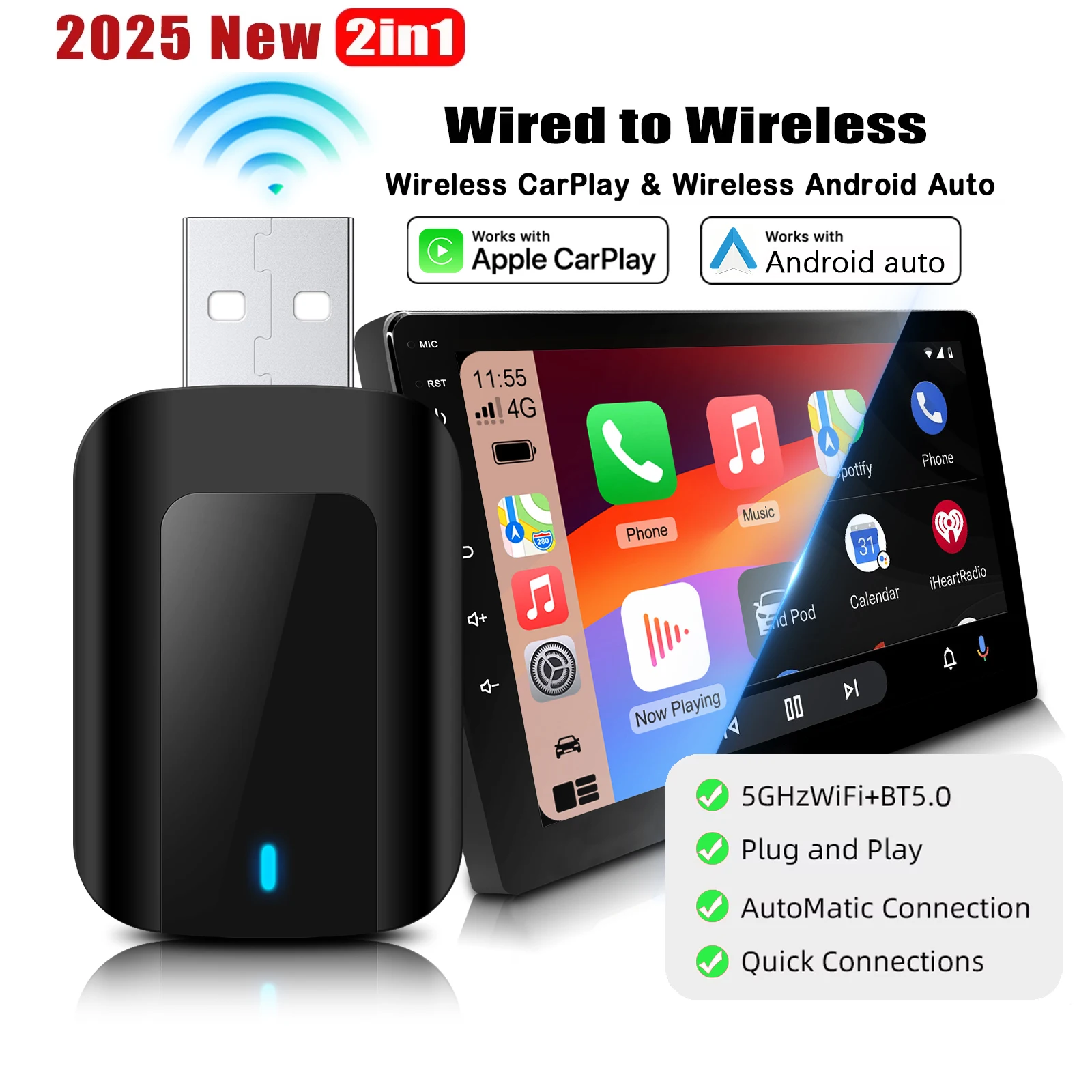 Mini adaptateur CarPlay et Android Auto sans fil 2 en 1, Dongle intelligent, taille compacte, faible latence, 5.GWiFi et BT5.0, Plug & Play pour filaire