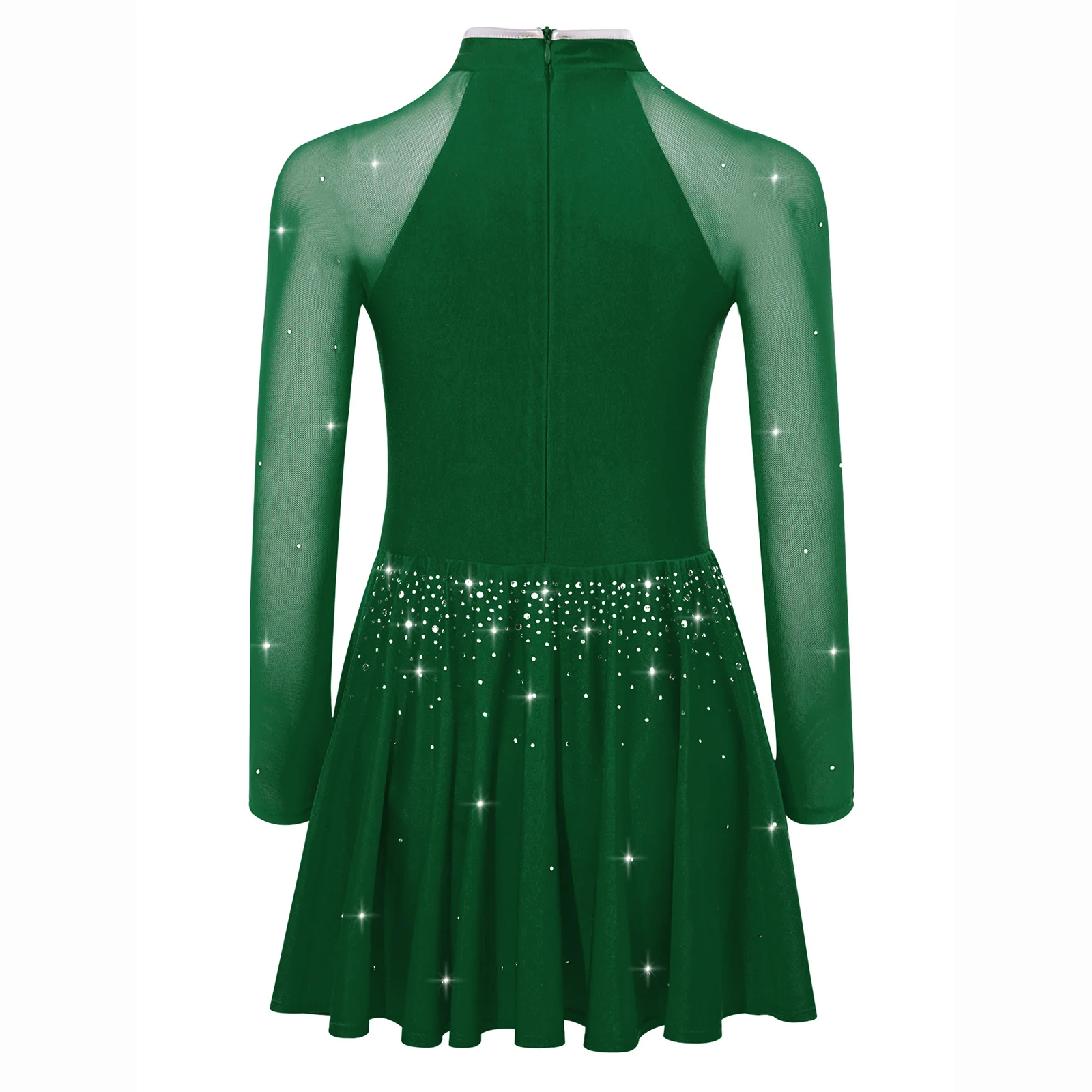Kids Girls Lyrical Dance Dresses Knot Button Mandarin Collar Sheer Mesh Long Sleeves Shiny Rhinestones Side Split Ballet Dress