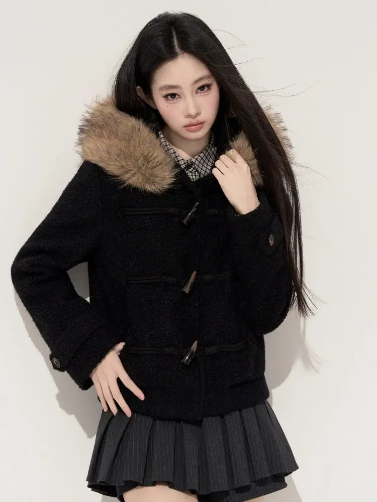 Korean Version Retro Removable Fur Collar Horn Buckle Woolen Coat Sweet Cool Wind Hooded Coat Women