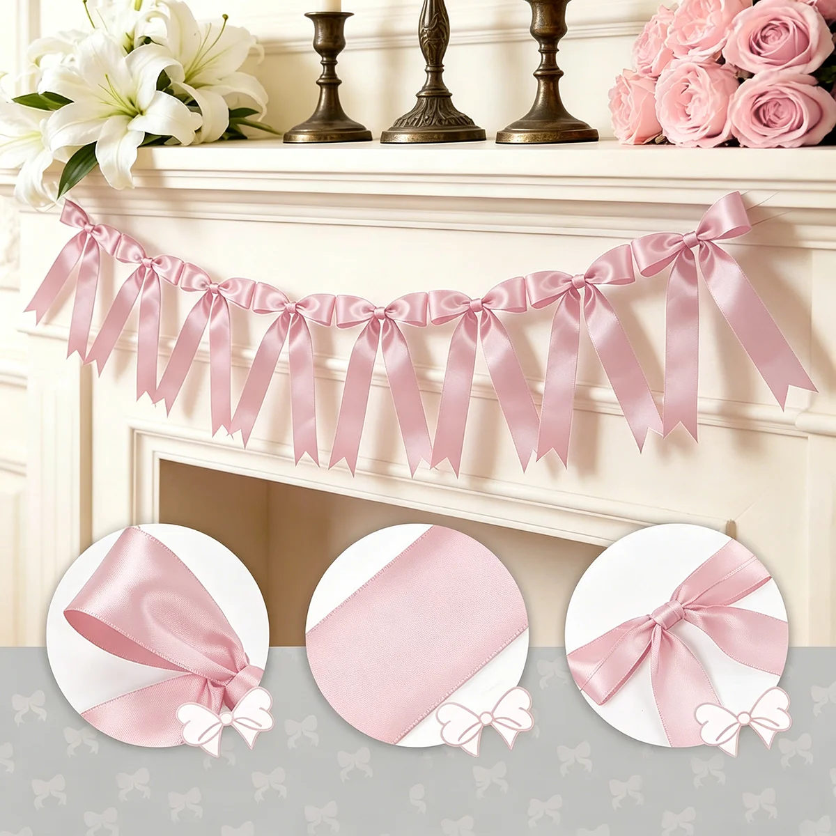 

1set Pink Satin Bow Garland Banner Polyester Ribbon Bow Bunting Wedding Birthday Bridal Shower Home Decoration Supplies