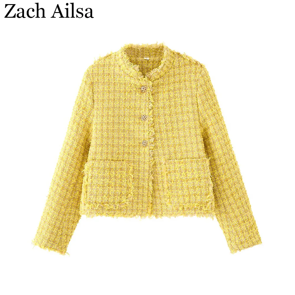 

Осеннее новое женское модное простое и универсальное желтое ароматное пальто с длинными рукавами