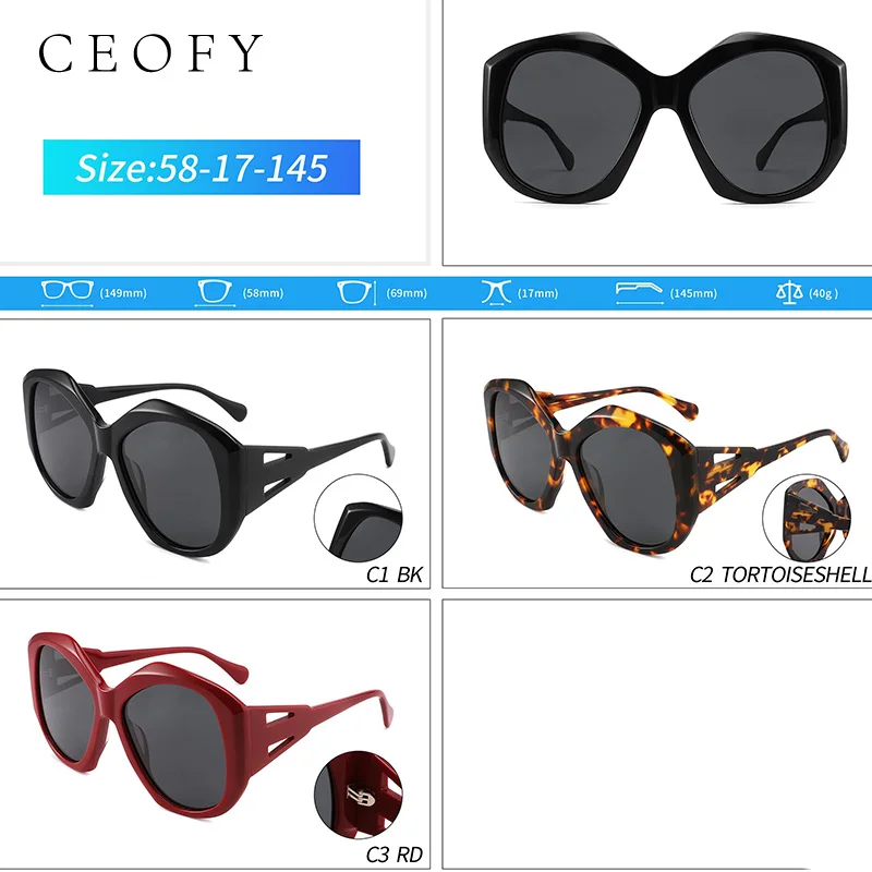 Ceofy Acetate Women Sunglasses New Fashion Brand Design Vintage Red Polarized Sun Glasses Frame High Quality