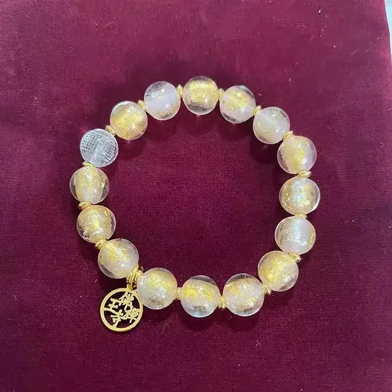 Gold Foil Colored Glaze Bracelet Pink White Crystal Scripture Men's And Women's Increased Lucky Bead Hand String Jewelry Gift