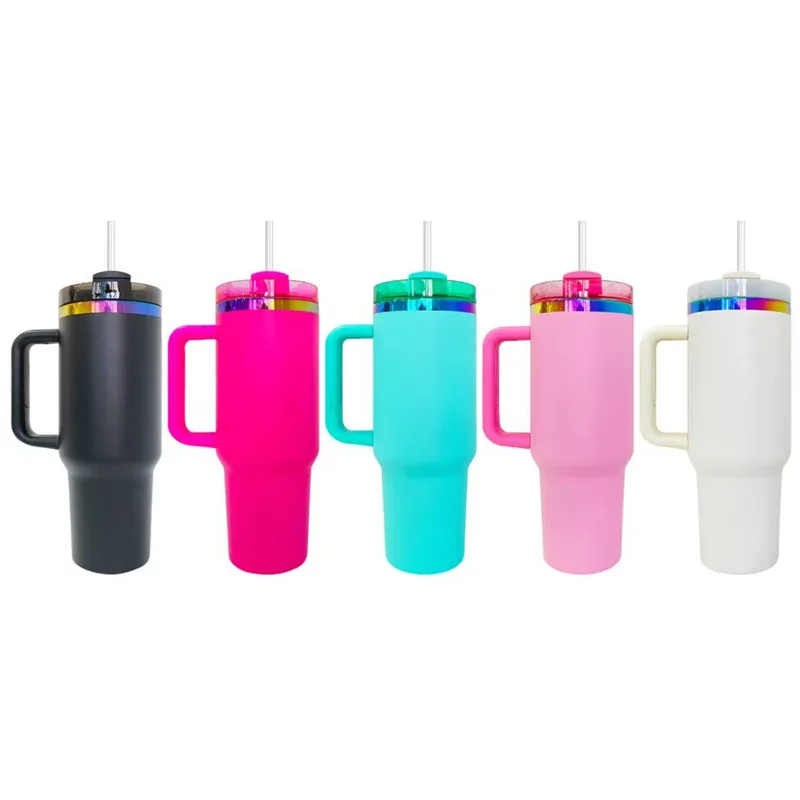 20pcs USA Warehouse Rainbow Plated H2.0 40oz Tumbler With Handle Lid Stainless Steel Coffee Cup Water Bottle For Laser Engraving