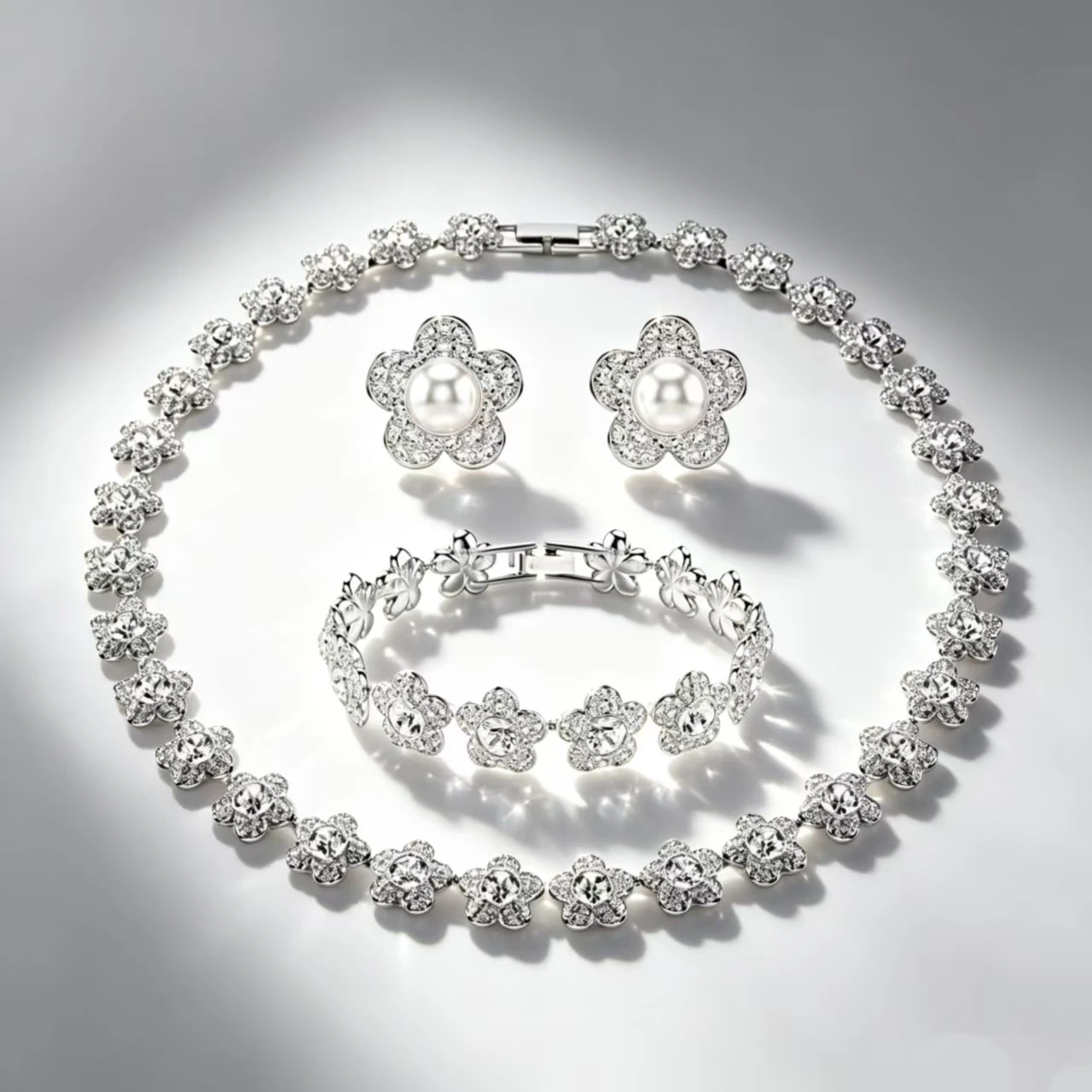 High-quality Classic Floral Zircon Necklace, Bracelet, and Stud Earrings Set, S925 Silver, Gift, Party, Couple, Anniversary