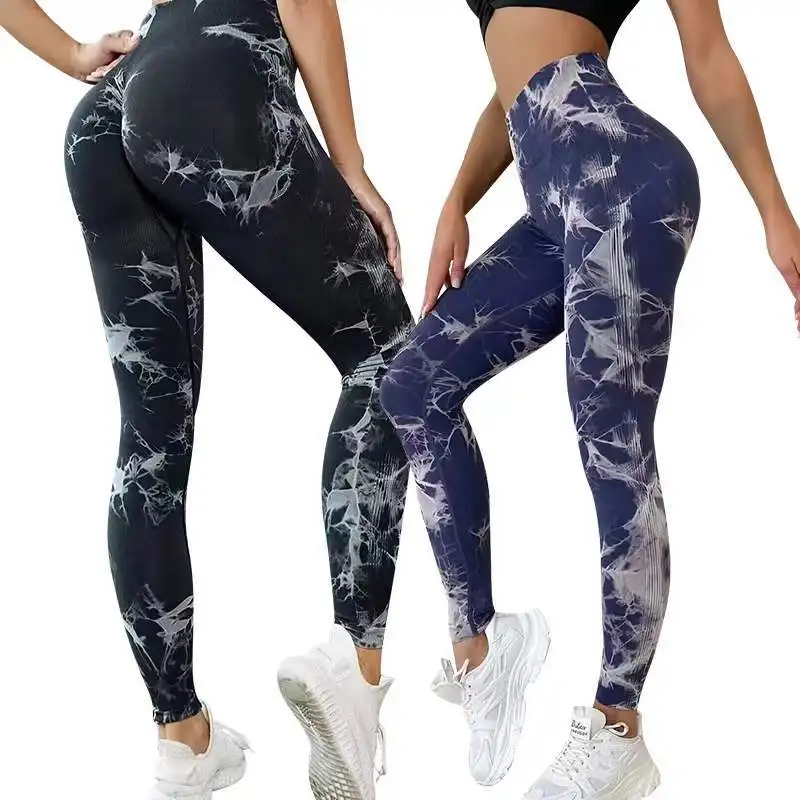 Leggings fitness da corsa per yoga a vita alta senza cuciture tie-dye per donna Collant da allenamento per il controllo della pancia Sollevamento del sedere color pesca