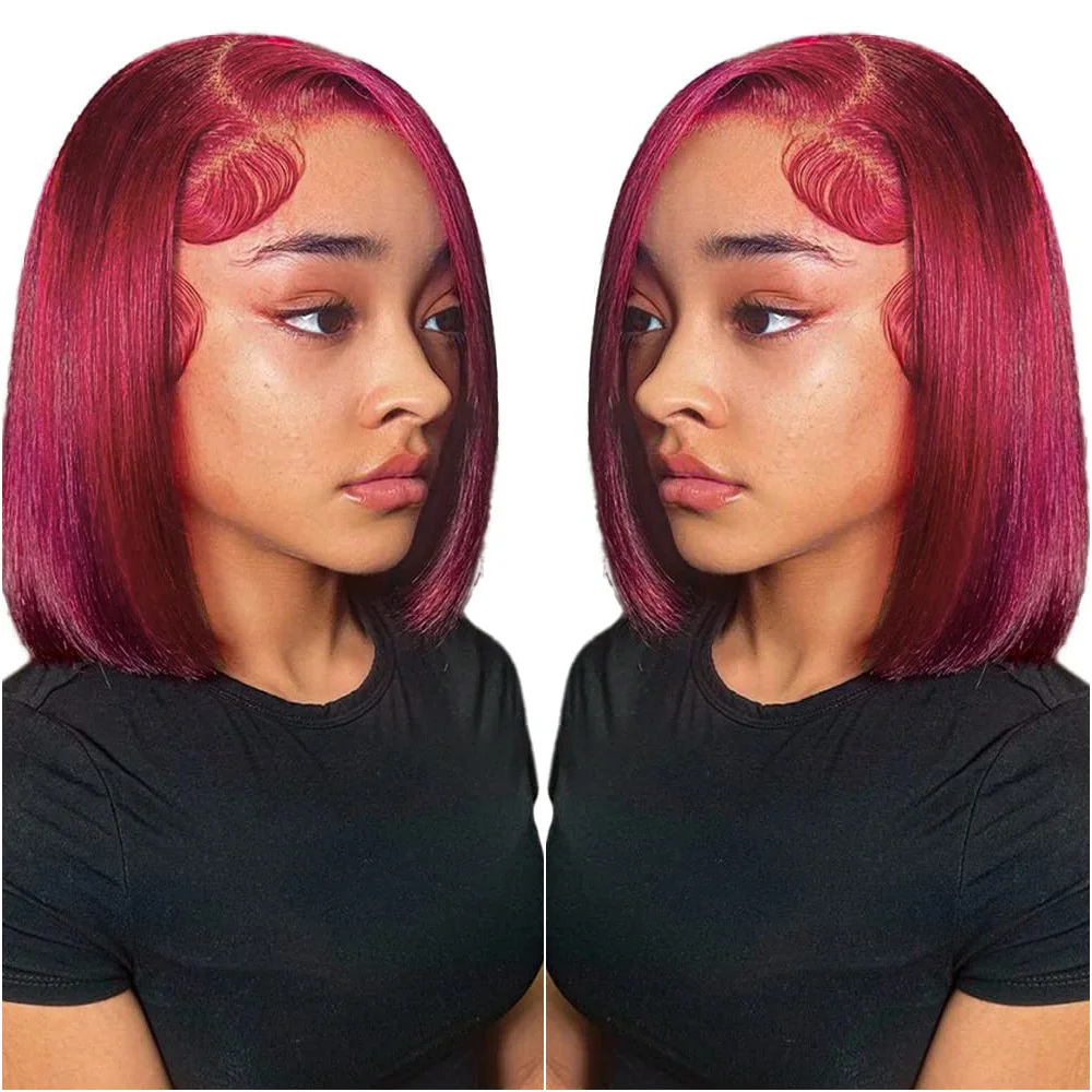 Peluca Bob Corta Lisa de 8-14 Pulgadas, Borgoña 99J, Cabello Humano, Pelucas Frontales de Encaje HD 13x4 con Cabello de Bebé para Mujeres Negras, Densidad 200