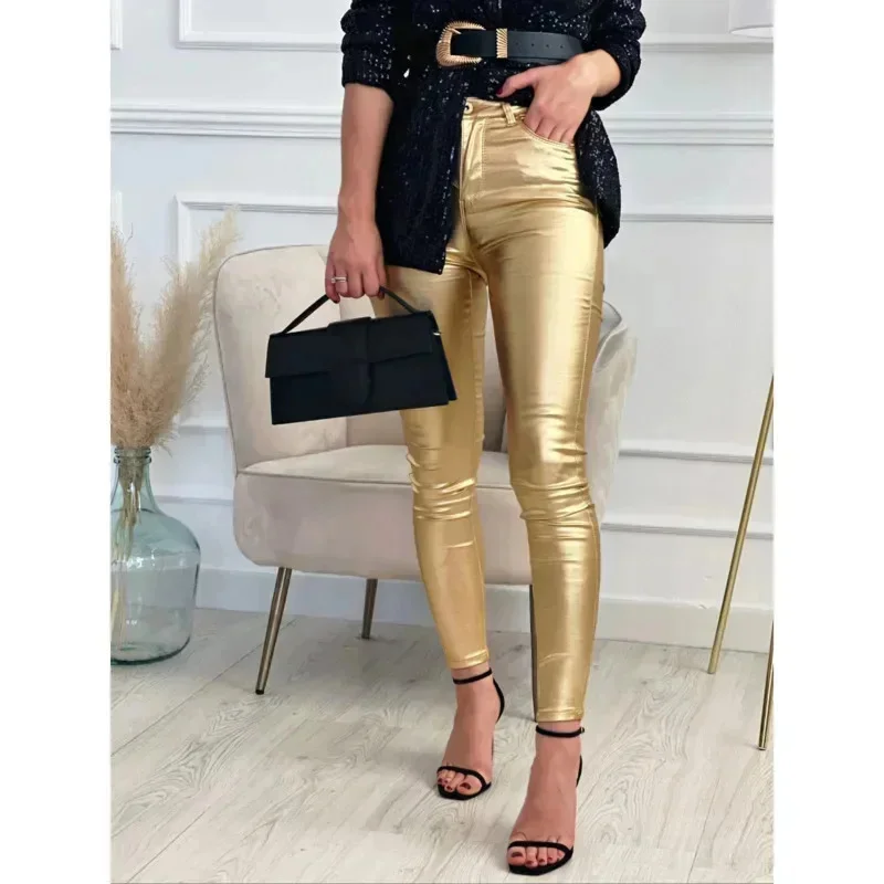 Mardi Gras Vintage Glitter Pants Women Fashion Silver Gold Party Trousers Female Solid High Waist Slim Casual Elegant Streetwear