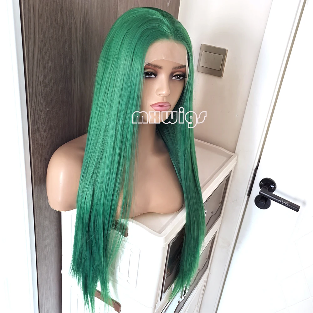 MXWIG Synthetic Hair Green Color  Straight  Glueless  Lace Front Wig For Black Women Preplucked 26 