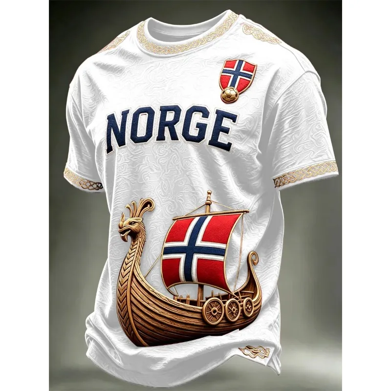 3D Printed Norway  Jersey Featuring Viking Longship & Norwegian Flag Prints, Custom Made For Norway National Team Supporters