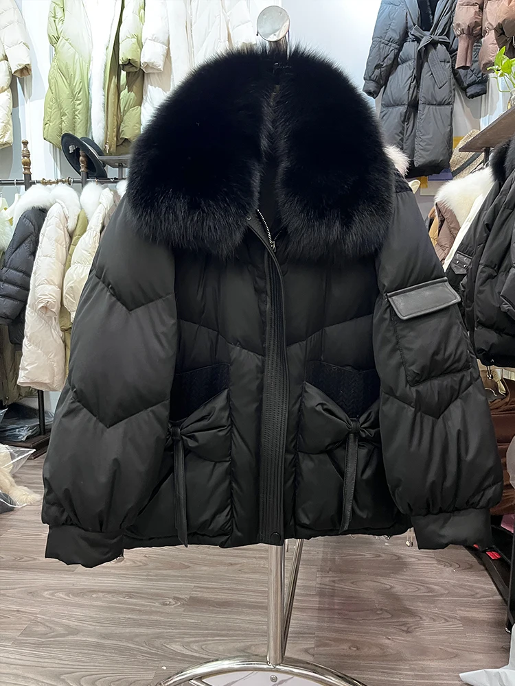 2023 Winter Women Goose Down Jacket Natural Fox Fur Collar Sweet Style Luxury Female Coats