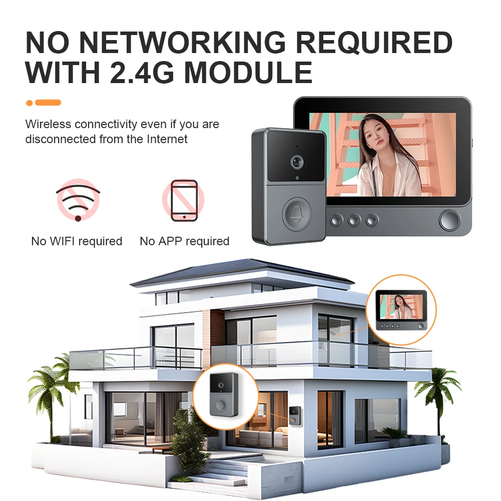 2.4G Video Monitoring Doorbell 4.3 Inch IPS Screen Audio Video Doorbell Camera Two Way Voice Door Bell Intercom System for Villa