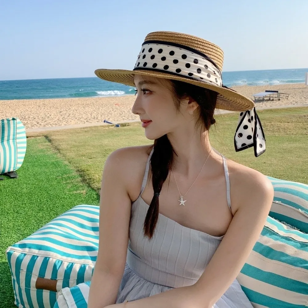 Holiday Elegant Beach Straw Cap Dot Ribbon Pearl Decoration Sun Protection Cap Straw Weaving Flat Top Wide Brim Hat Travel Use