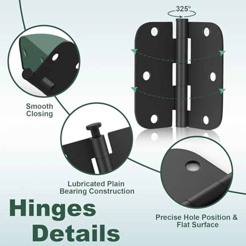 3Pack Interior Round Door Hinges 3.5 X 3.5 Inch 5/8inch Removable Pin Radius Door Hinge Door Hardware  Door Window Hinges