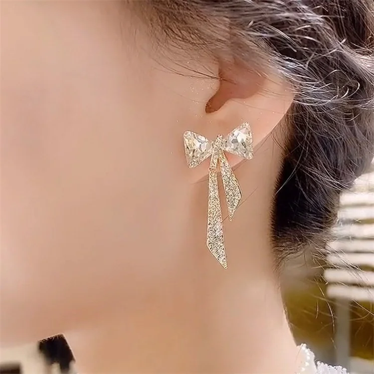 Ribbon Bow Gold Color Drop Earrings for Women Korean Zirconia Bow Silver Needle Earring Rhinestone Bow Ear Stud Pendientes Mujer