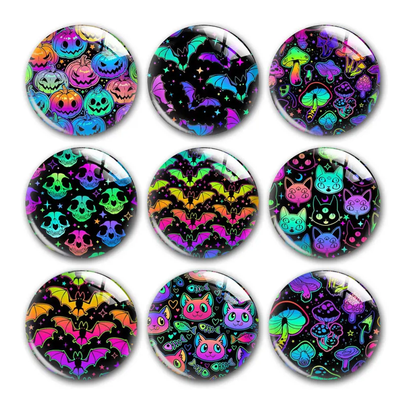 

Halloween Pumpkin Face Rainbow Bat Skull Head Round Photo Glass Cabochon Demo Flat Back DIY Jewelry Making Supplies Snap Button