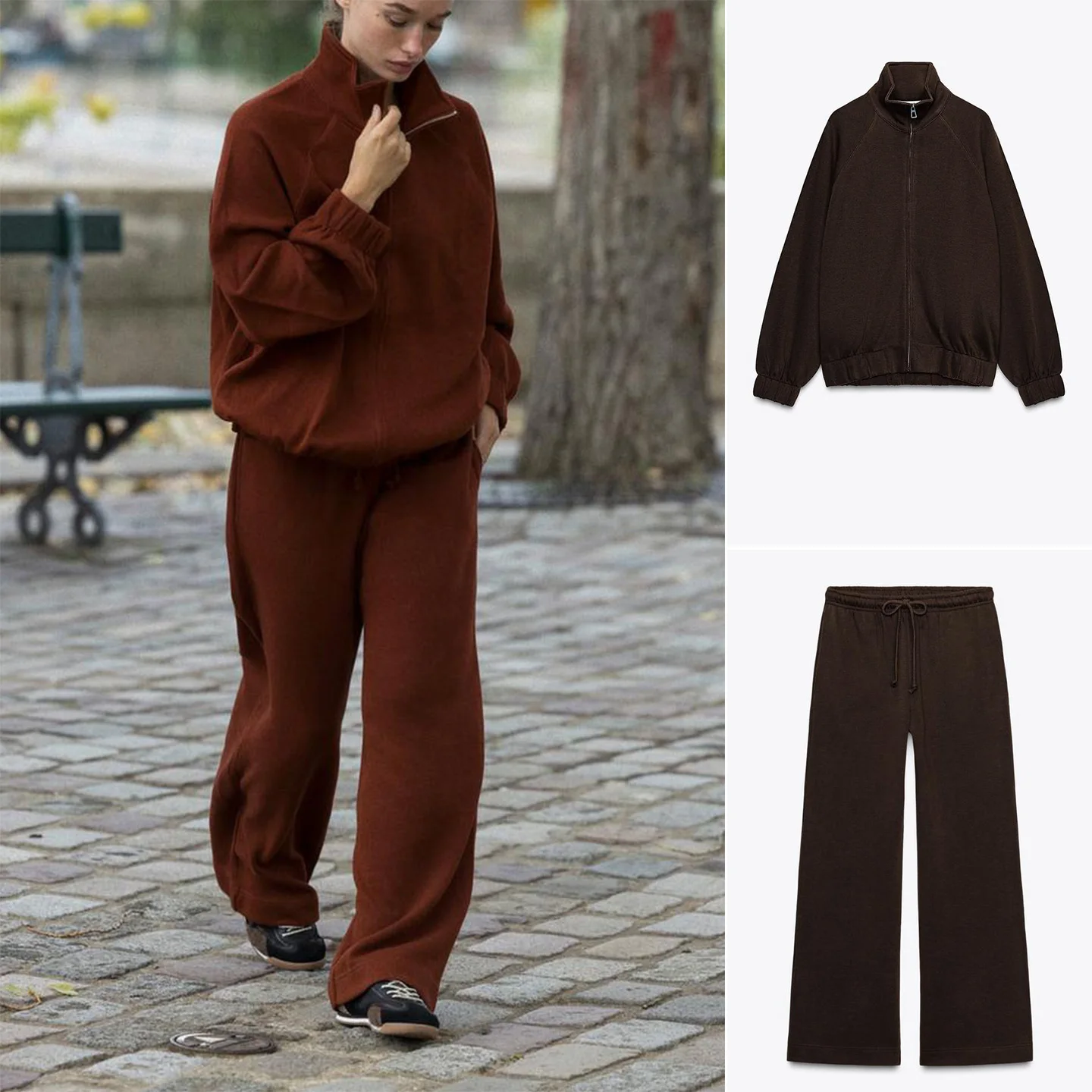 

Women's Zipper Loose Straight Leg Pants Set Stand Collar Long Sve Casual Sportswear Two-Piece Suit Autumn Collection