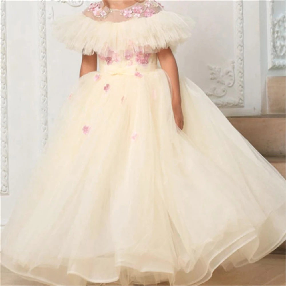 Lindo vestido de niña de flores elegante esponjoso tul encaje calcomanía pluma princesa bola vestidos de primera comunión niños regalo de cumpleaños presente