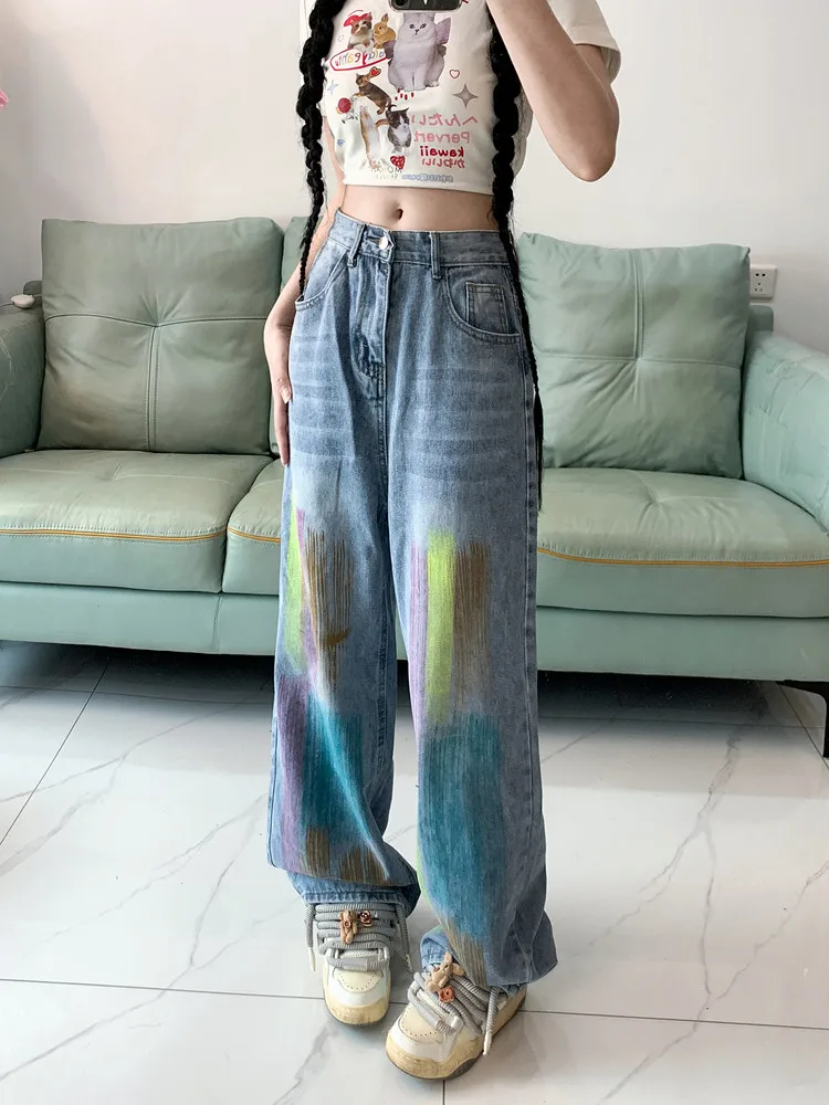 Women's Y2k Graffiti Jeans Harajuku 90s Denim Trousers Korean Women Pants Vintage 2000s Trashy Clothes fashion summer