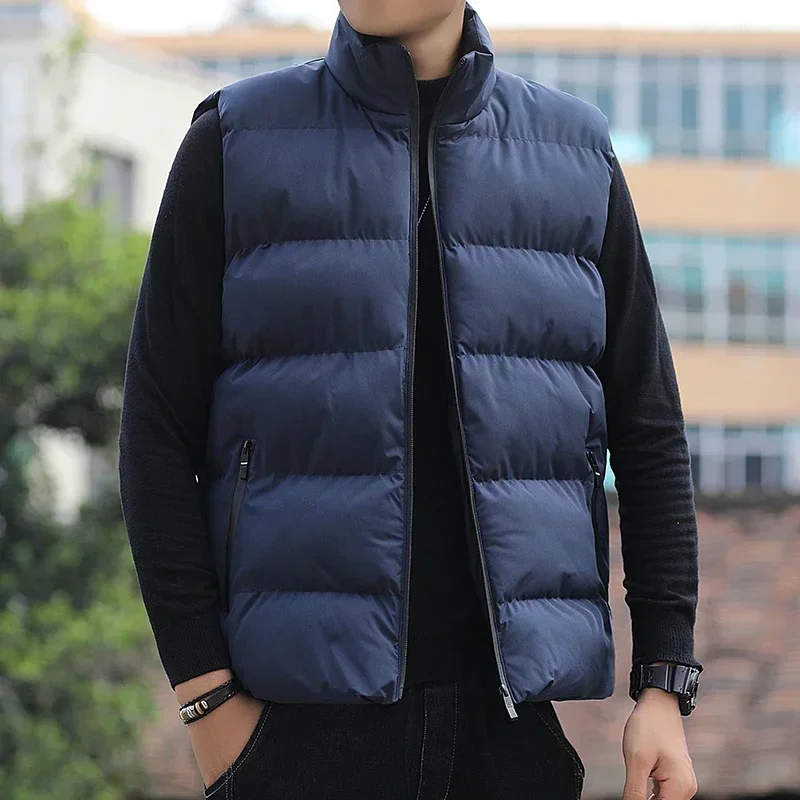 Men New Vest Winter Thick Stand Collar Solid Sleeveless Zipper Jacket Keep Warm Fashion Casual Waistcoat Veste Hommes Tracksuit