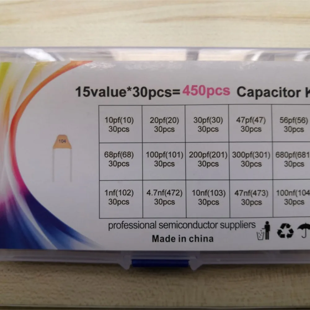 15value*30PCS =450PCS 20/30/47/56/68/101/201/301/681/102/472/103/473/104  680P/PF/4.7/100NF Monolithic Capacitor Kit 10pf-100nf