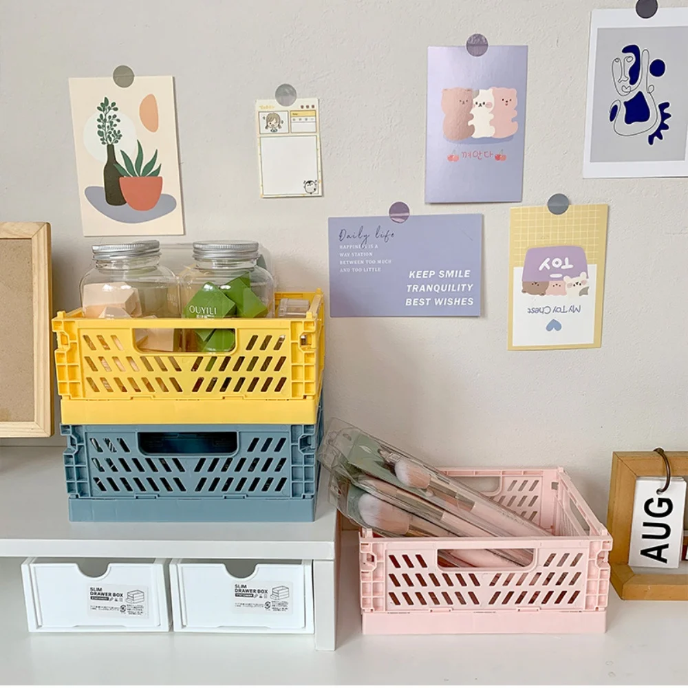 Collapsible Crate Plastic Folding Storage Box Basket Utility Cosmetic Container Desktop Holder Home Use School Desk Storage Box