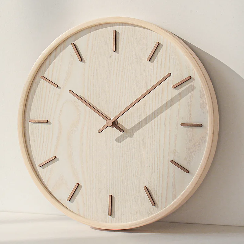 

TQH Japanese-style household mute wall clock living room bedroom simple modern decorative wall watch wooden quartz clock round