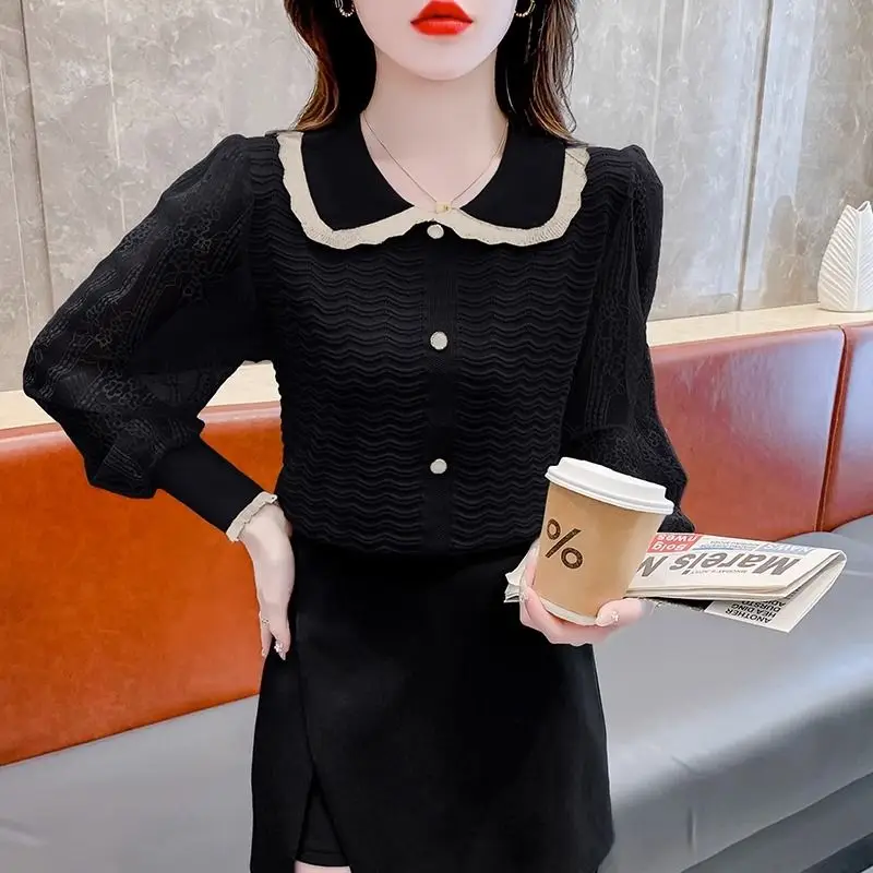 Doll Collar Knitted Sweater Top for Women New Women's Clothing Thin Style Fashionable and Western-style Hollowed Out Long