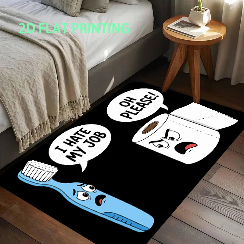 Funny Toothbrush Toilet Paper Bathroom Rug Black Background Speech Bubble Print Non Slip Absorbent Floor Mat