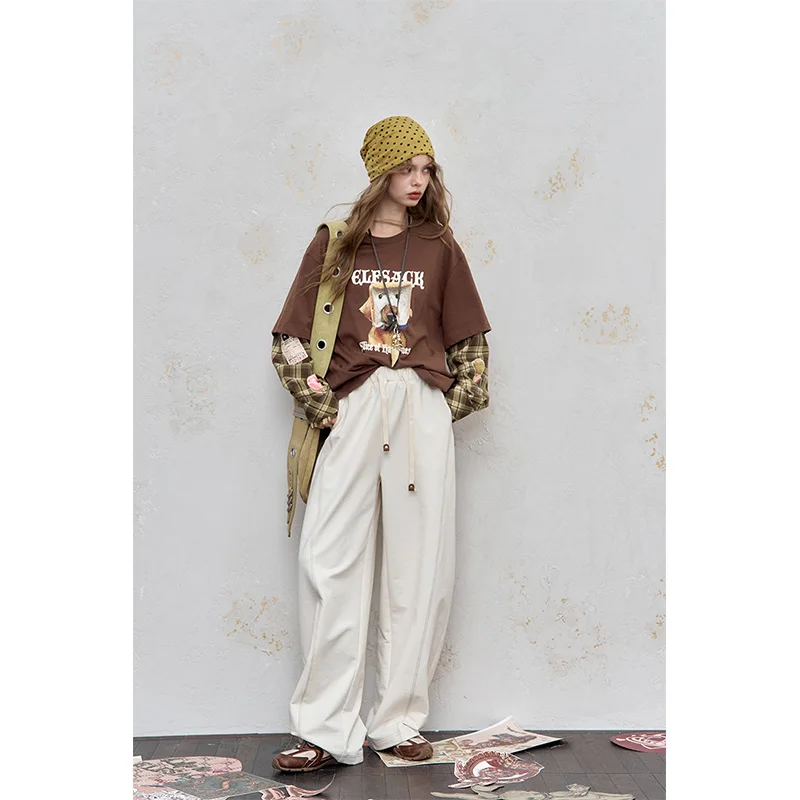 ELFSACK 2025 otoño nueva llegada Steetwear suelta a cuadros Patchwork camiseta de manga larga para mujer