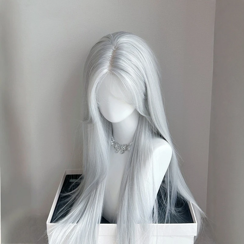 

Shiny Silvery Moonlight Full Wig Lace Forehead Middle Part Long Straight Silver Hair for Cool Girls Atmosphere Cosplay Headwear