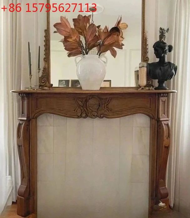 

Neoclassical hand-carved oak fireplace American solid wood porch decorative end view table