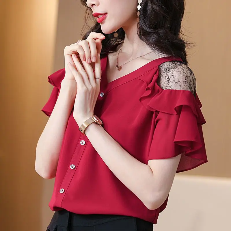 Office Lady Loose Stylish Ruffles Spliced Shirt Summer Off Shoulder Elegant Lace Hollow Out Female Clothing V-Neck Button Blouse