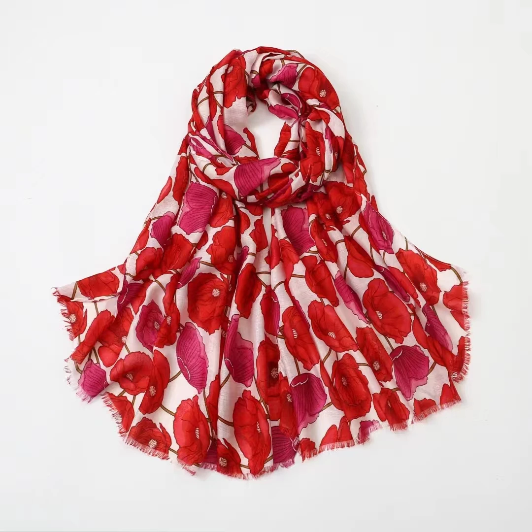 

2024 New Big Poppy Print Fringe Scarf Shawls Beautiful Luxury Floral Beach Foulard Scarves Hijab Wrap 6 Color