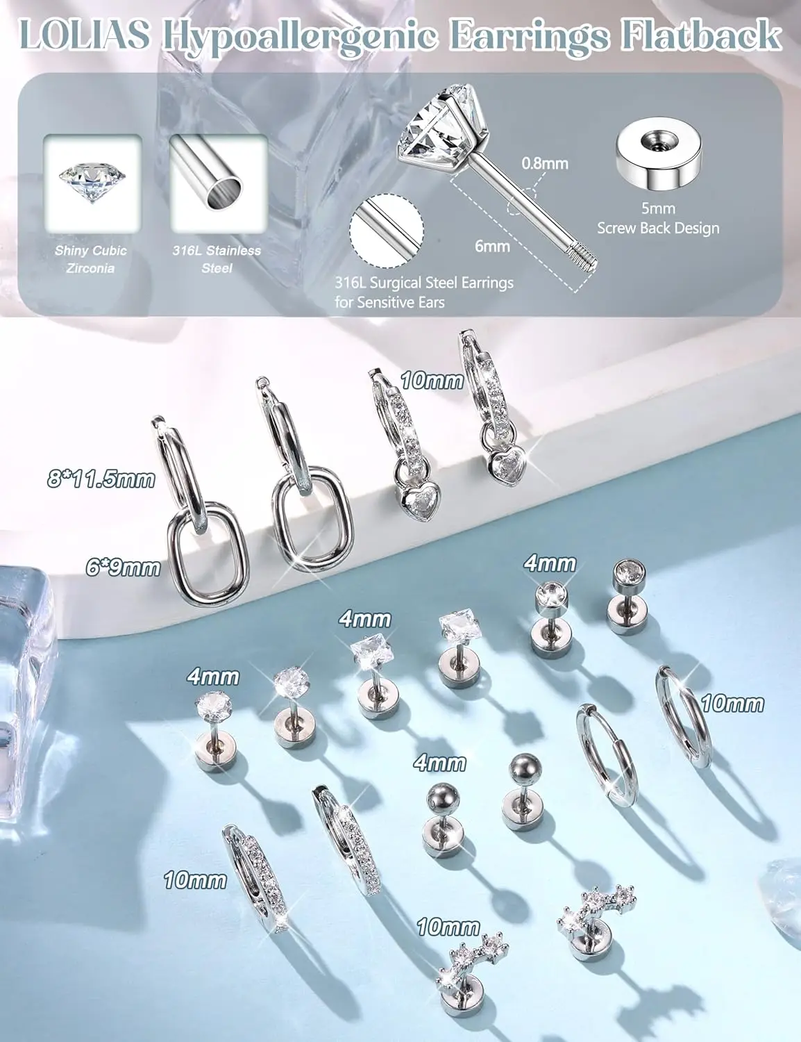 

Drperfect 2Pcs/1Pair Hypoallergenic FlatBack Stud Hoop Earrings for Women Surgical Steel Earrings Cartilage Stacks Earring Jewel