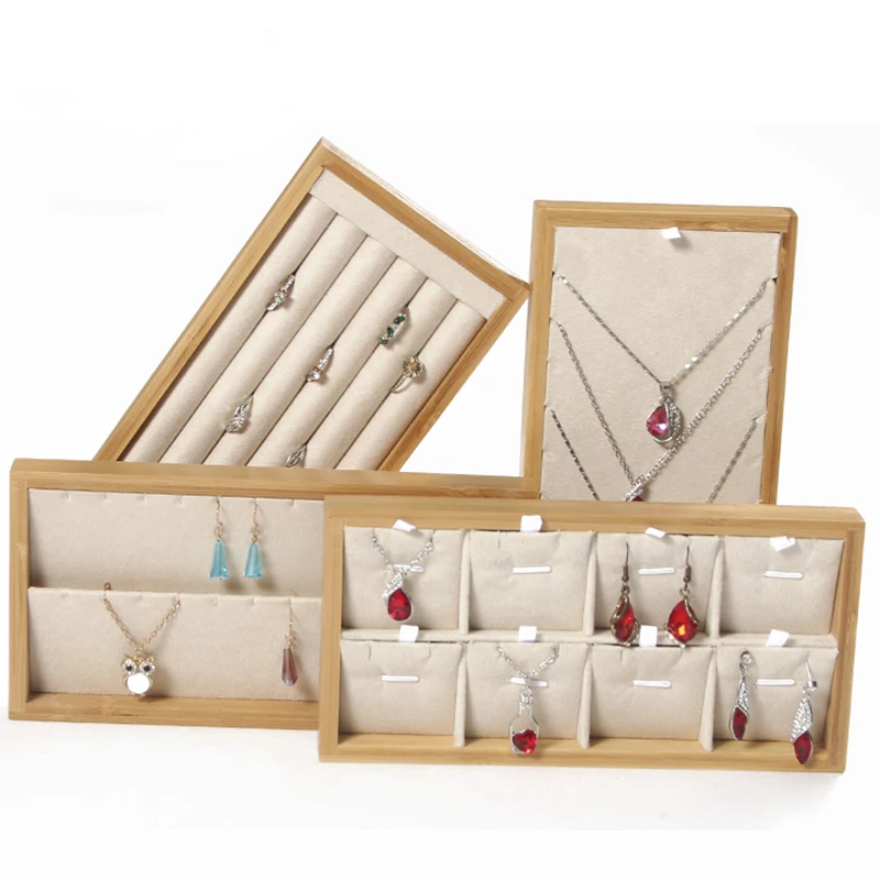 Fashion Bamboo Velvet Jewelry Display Tray Ring Box Earring Necklace Bracelet Pendant Display Organizer Jewelry Storage