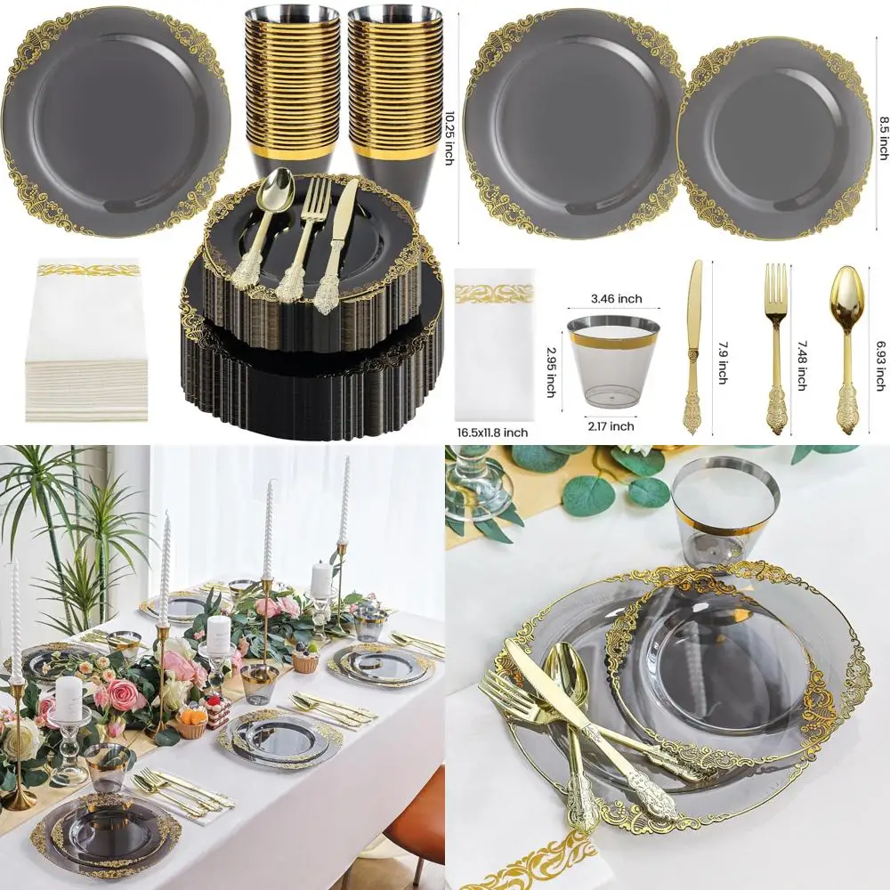

Набор одноразовой столовой посуды на 50 гостей — черные и золотые необычные тарелки, золотые столовые приборы, 25 столовых наборов в комплекте