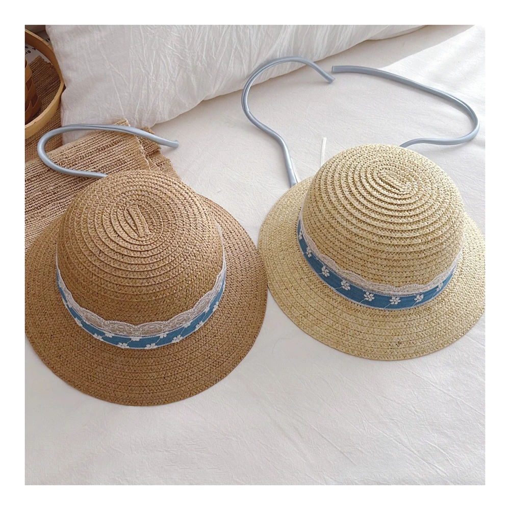 

Новая летняя детская соломенная шляпа от солнца 2026 года, 53 см, с кружевом и цветами, для девочек, для отпуска и пляжа