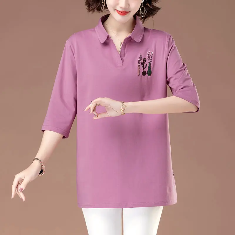 تي شيرت صيفي فضفاض مناسب للأم مقاس كبير مع أكمام ثلاثة أرباع قميص نسائي كاجوال لمنتصف العمر وكبار السن، Turn-d #2