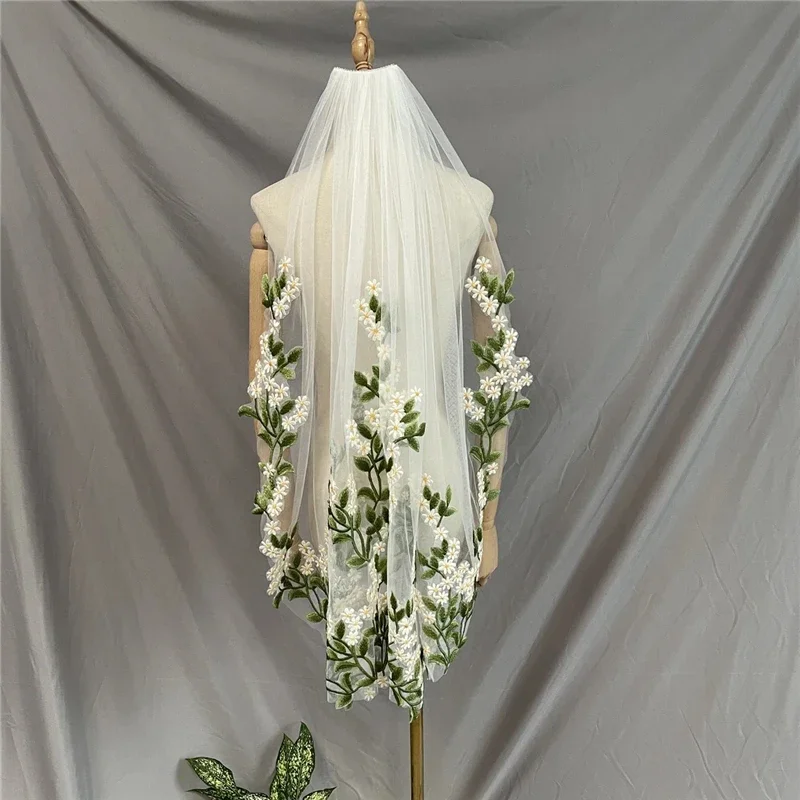 

Green Leaves Yellow Flowers Floral Wedding Bridal Veils With Comb Accessories Short For Brides Ivory White Tulle Embroidered New