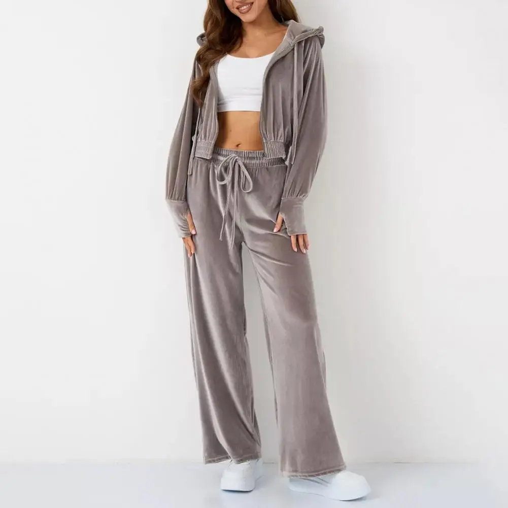 Silver Fox Fleece Hoodie Tie Up Pants Two-piece Set Womens Spring Tracksuit Soft Velvet Hoodies Jacket And Wide Leg Pants Set 80
