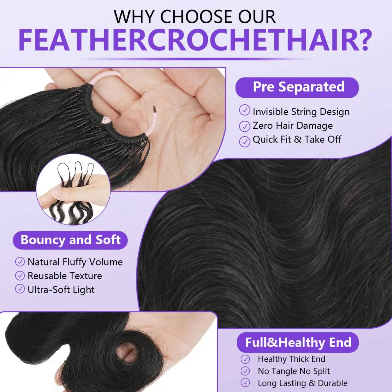 Body Wave Crochet Human Hair 50 Strands/Pack Pre-Separated Feather Crochet Bundles Invisible Miracle Knots Human Crochet Hair