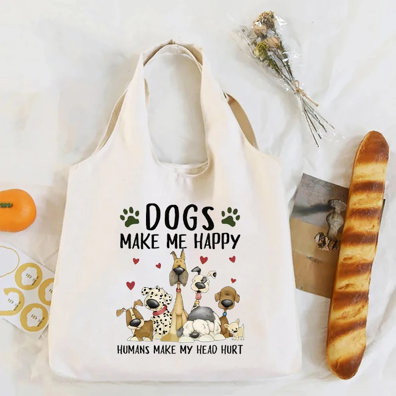 Dogs Make Me Happy Print Canvas Bag, Large Capacity Shoulder Bag, Eco Reusable Shopping Tote for Travel