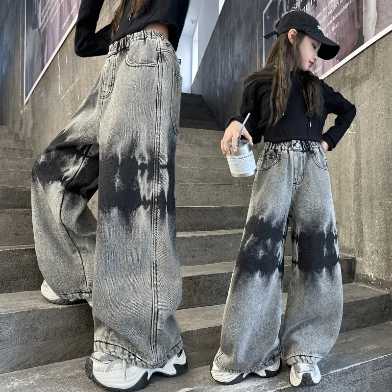 

Children's Vintage Black Gray Tie Dye Jeans Personalized High Waist Trousers Cool Girl Casual Bottoms Teen Kid Street Sweatpants