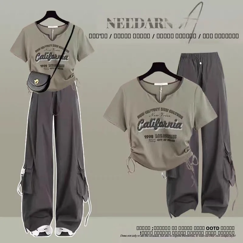

Fashionable Student Women's Summer Short Sleeve T-Shirt And Wide Leg Pants Workwear Set with Letter Drawstring Design