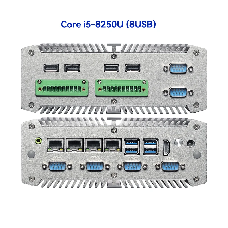 XCY-Mini PC Fanless industrial, Intel Core i5-8250U, Pentium 5405U, 4LAN, i211, 6COM, RS232, RS485, GPIO, LVDS, Windows 11, 10, Linux