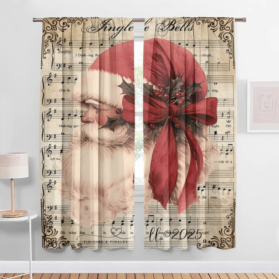 2PCS Christmas Digital Print Curtains, Vintage Santa Claus Bow Sheet Music, Nostalgic for Living Room Bedroom Window Decor